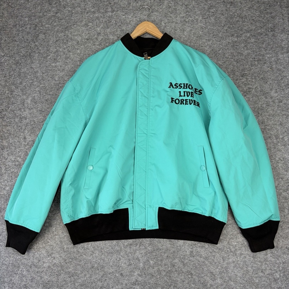 Assholes Live Forever Embroidered Reversible Bomber Jacket Black/Teal Size XL